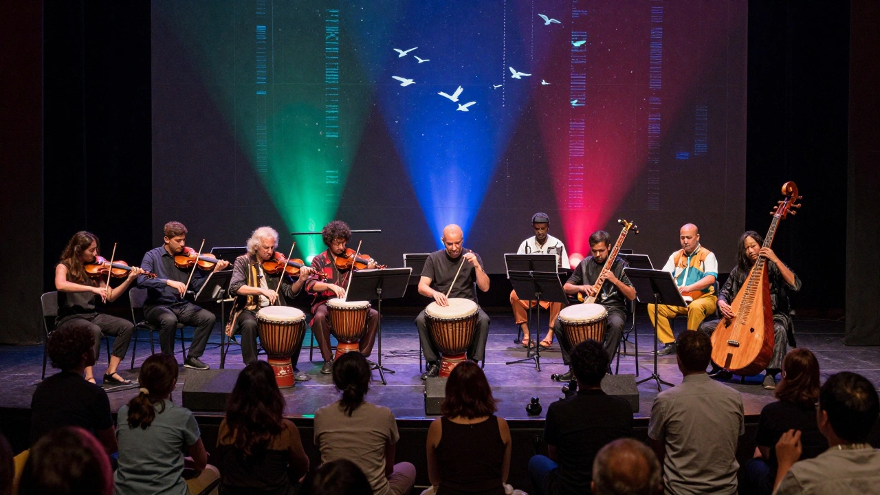 Musicians from around the world perform together on stage, blending Western classical with African, Indian, and Japanese instruments at Prom 72.