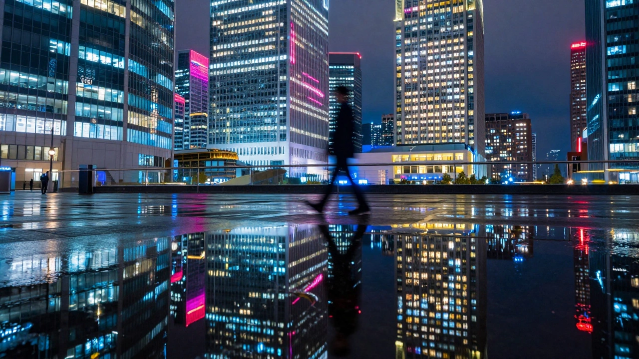 Neon reflections in a nighttime puddle at Canary Wharf with a walking silhouette.