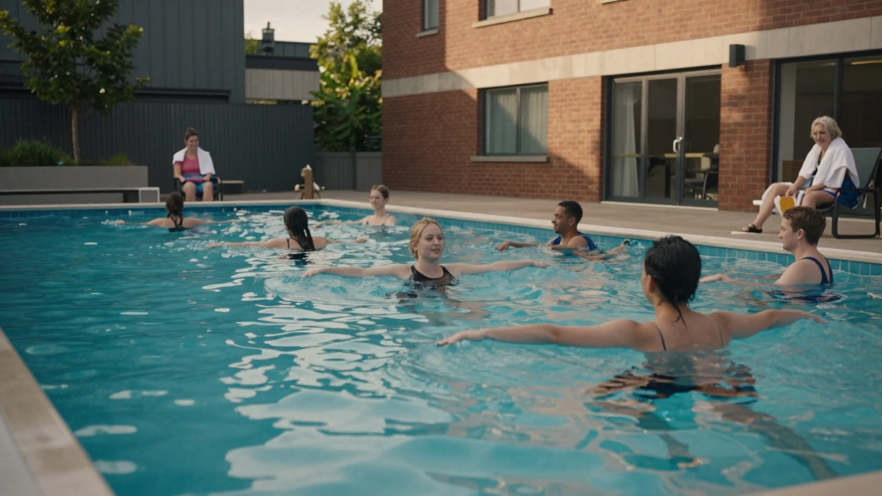Participants doing water aerobics in a heated pool at Brixton Recreation Centre, surrounded by calm reflections and greenery.