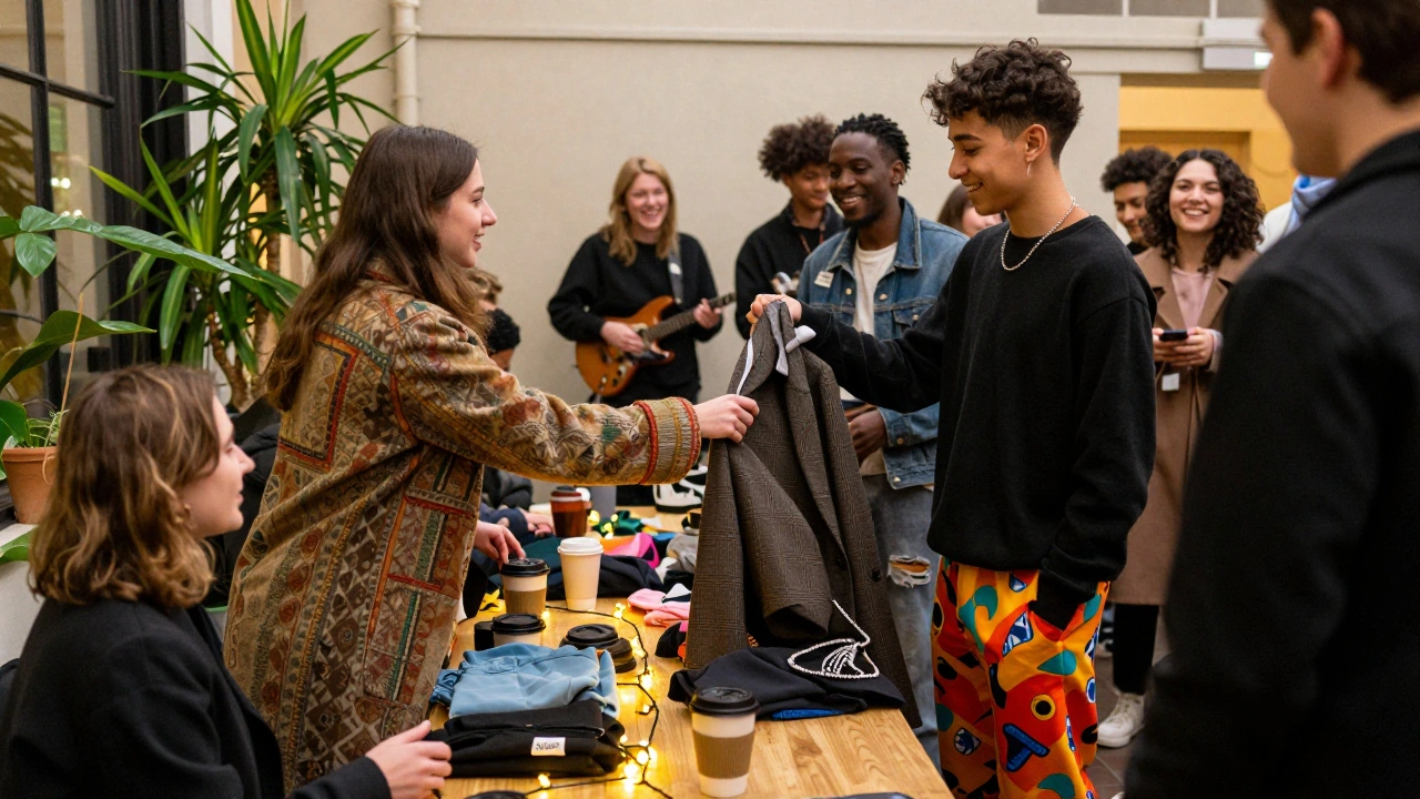 People exchanging clothing at a cozy street-style swap event with coffee and conversation.