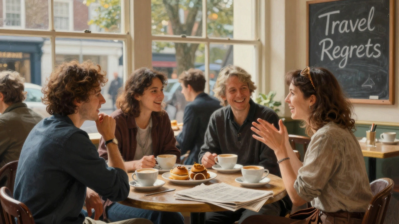 People laughing over coffee and pastries at a weekend language meet-up in a bright café.