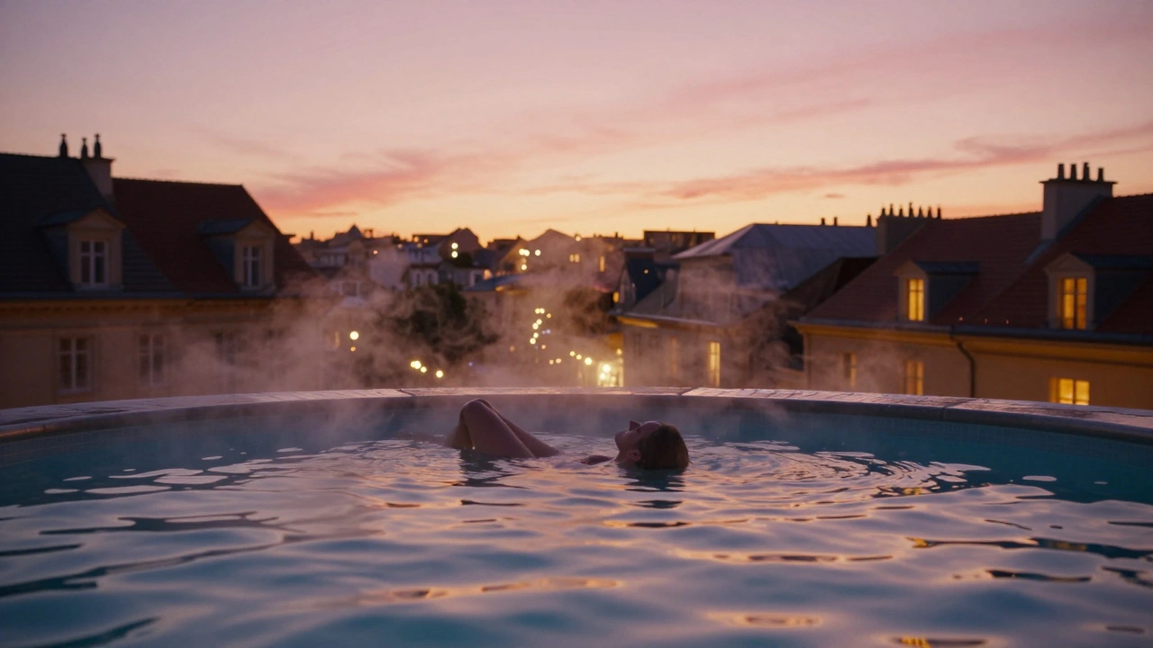 Person floating in rooftop spa pool at sunset, steam rising over Bath's glowing historic rooftops.