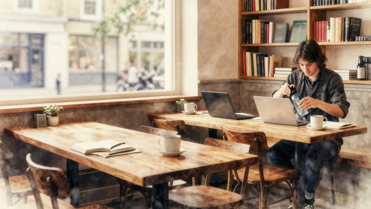 Quiet café with laptops and books under warm light, no people talking, peaceful atmosphere.