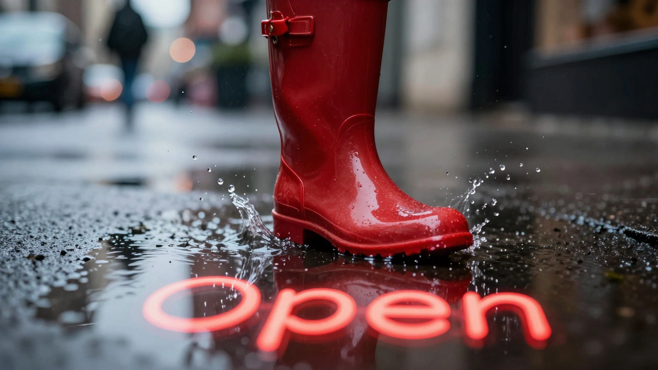 Red rain boot stepping into a puddle, neon 'Open' sign reflected below.