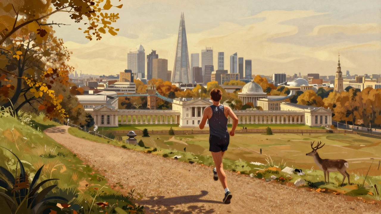 Runner climbing Greenwich Park hill with London skyline visible in distance
