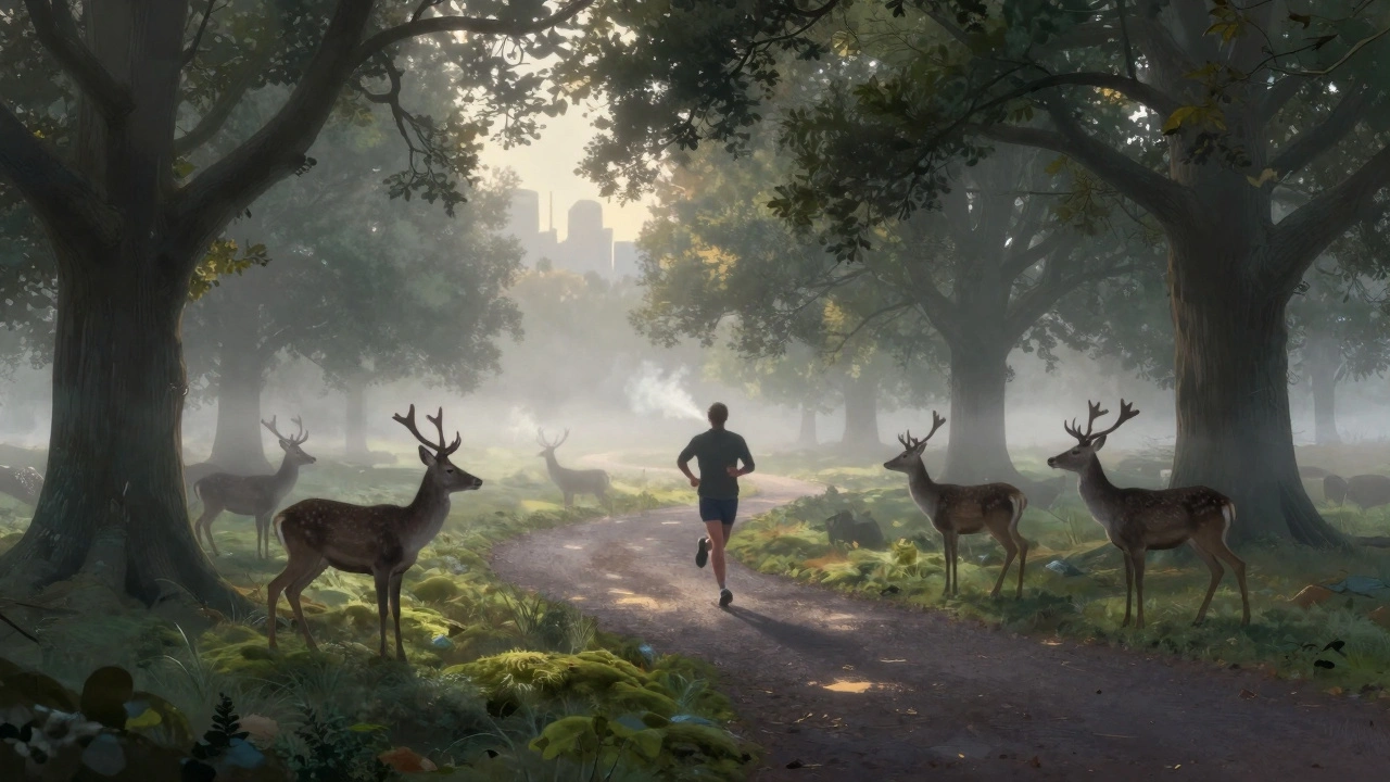 Runner in Richmond Park surrounded by deer in misty forest at dawn