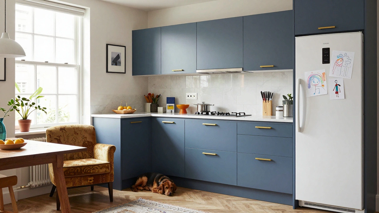Smartly redesigned London kitchen with IKEA cabinets, fold-down counters, and a child's drawing on the fridge.