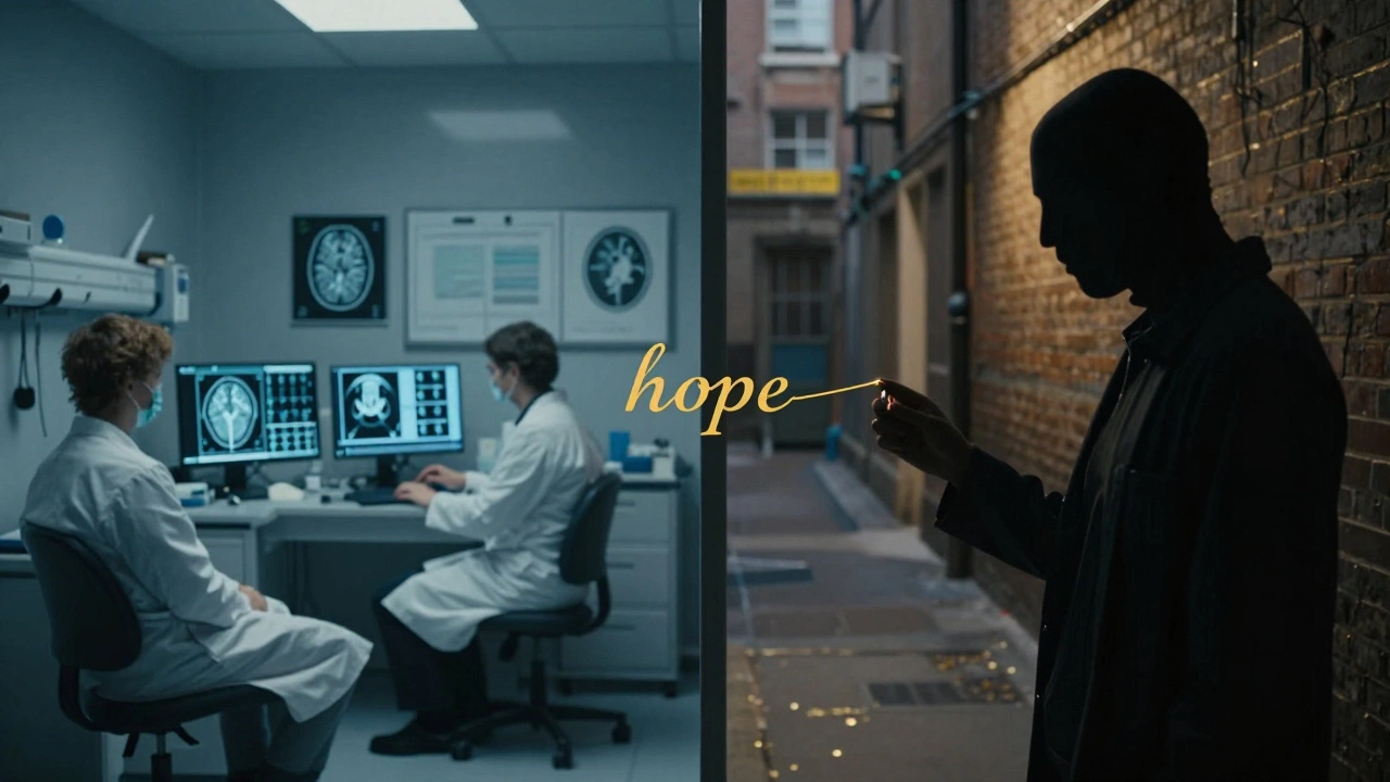 Split image of clinical trial and underground exchange connected by golden thread representing hope.