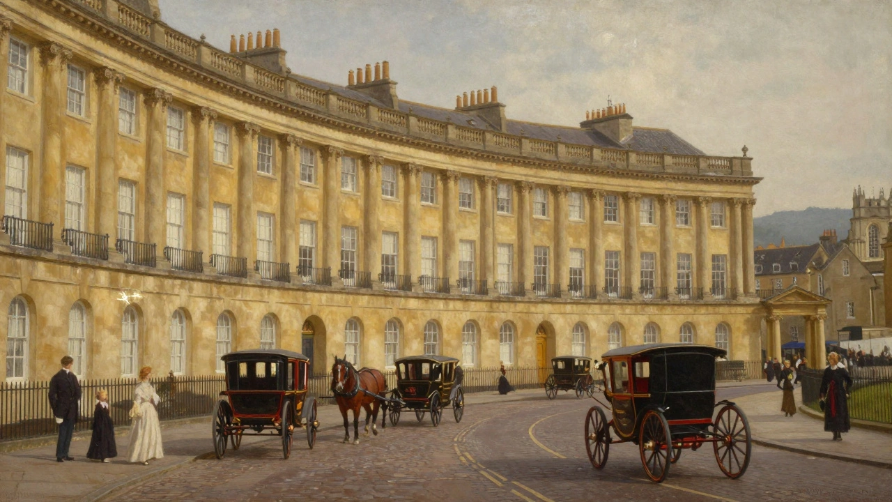 Symmetrical Georgian Royal Crescent in honey-colored stone with carriages and pedestrians under soft daylight.