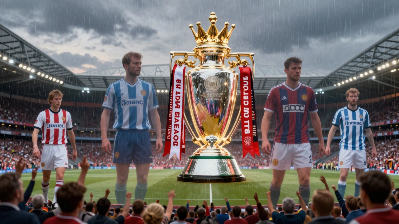 The FA Cup trophy glowing above Wembley at dusk, surrounded by ghostly silhouettes of past underdog heroes from football history.