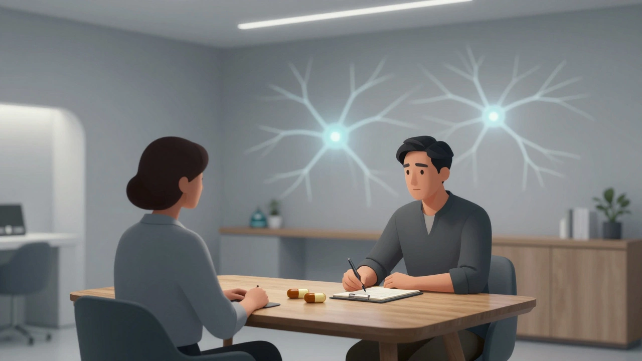 Therapist and client in a modern clinic discussing microdosing with journal and capsules on table.