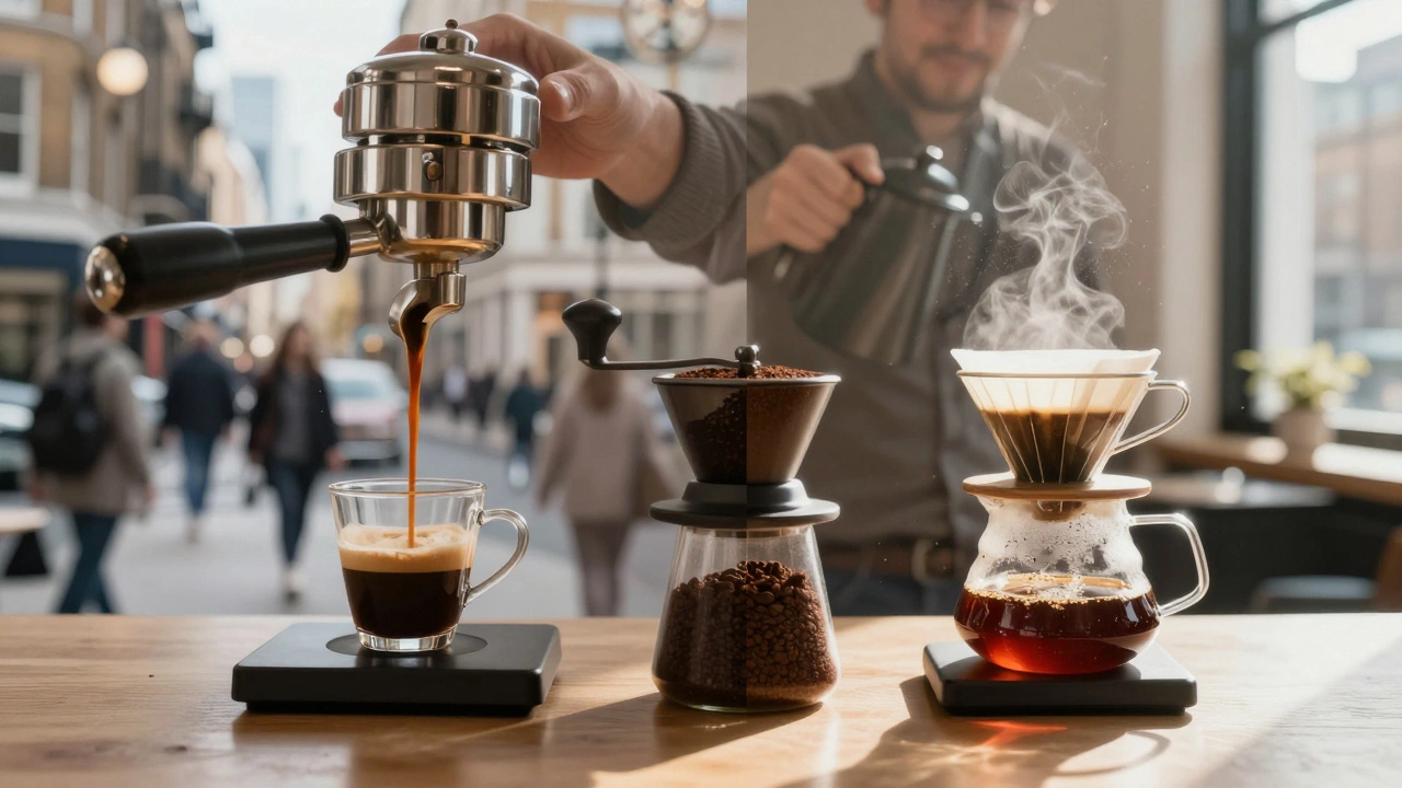 A dual-image concept showing espresso rush on one side and slow filter brewing on the other.