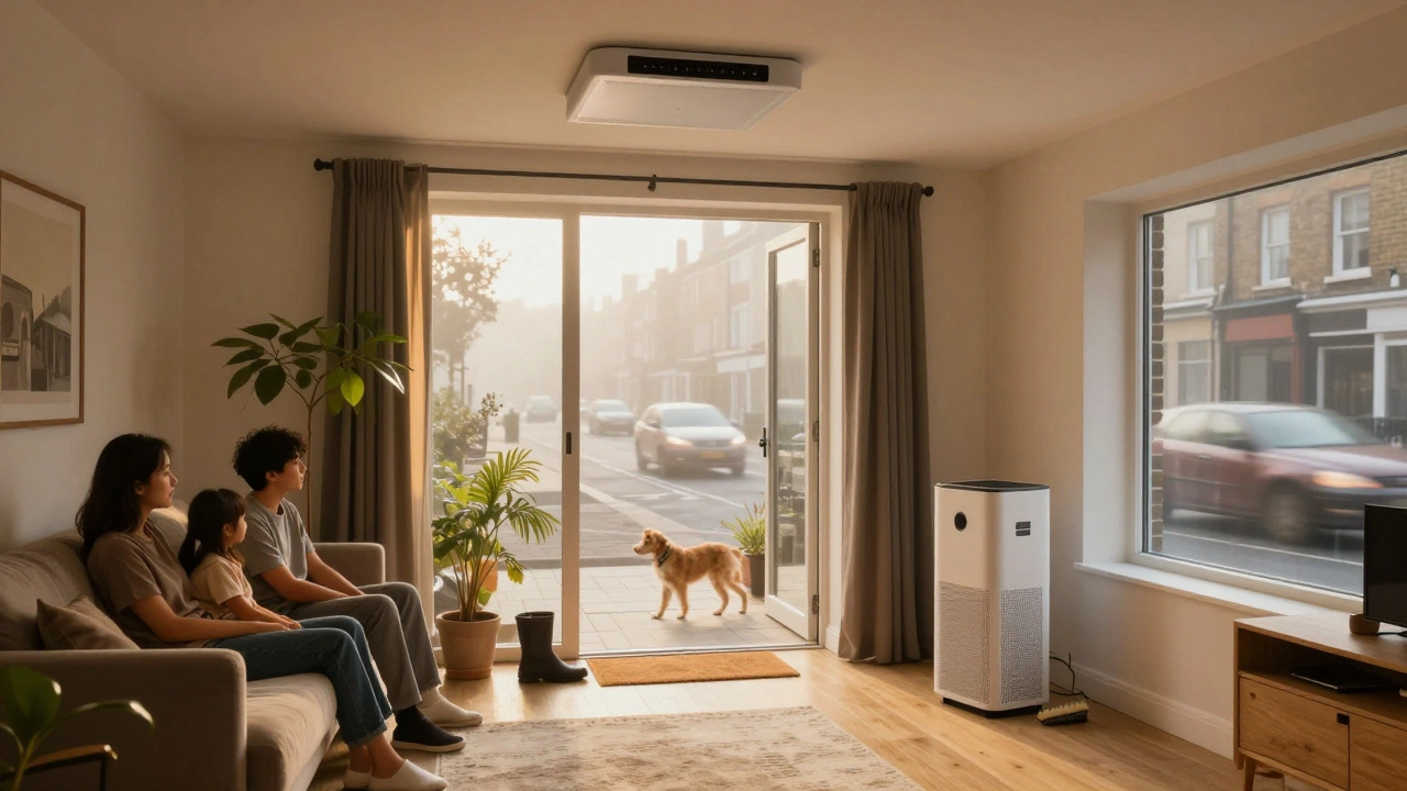 A family in a pollution-protected home with an HRV system, shoes removed at the door, and no air-purifying plants.