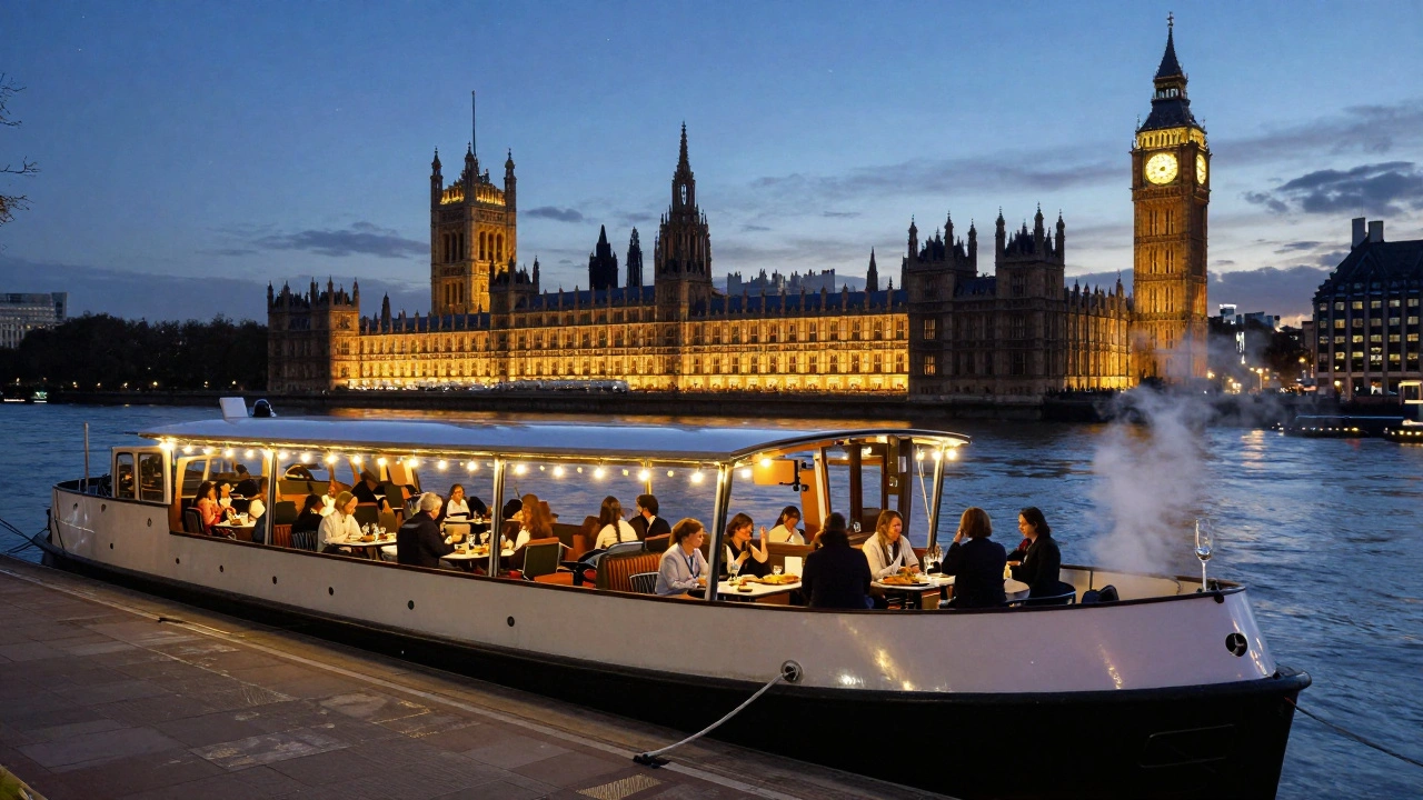 A floating restaurant on the Thames at dusk, with Parliament in the distance and diners under soft lights.