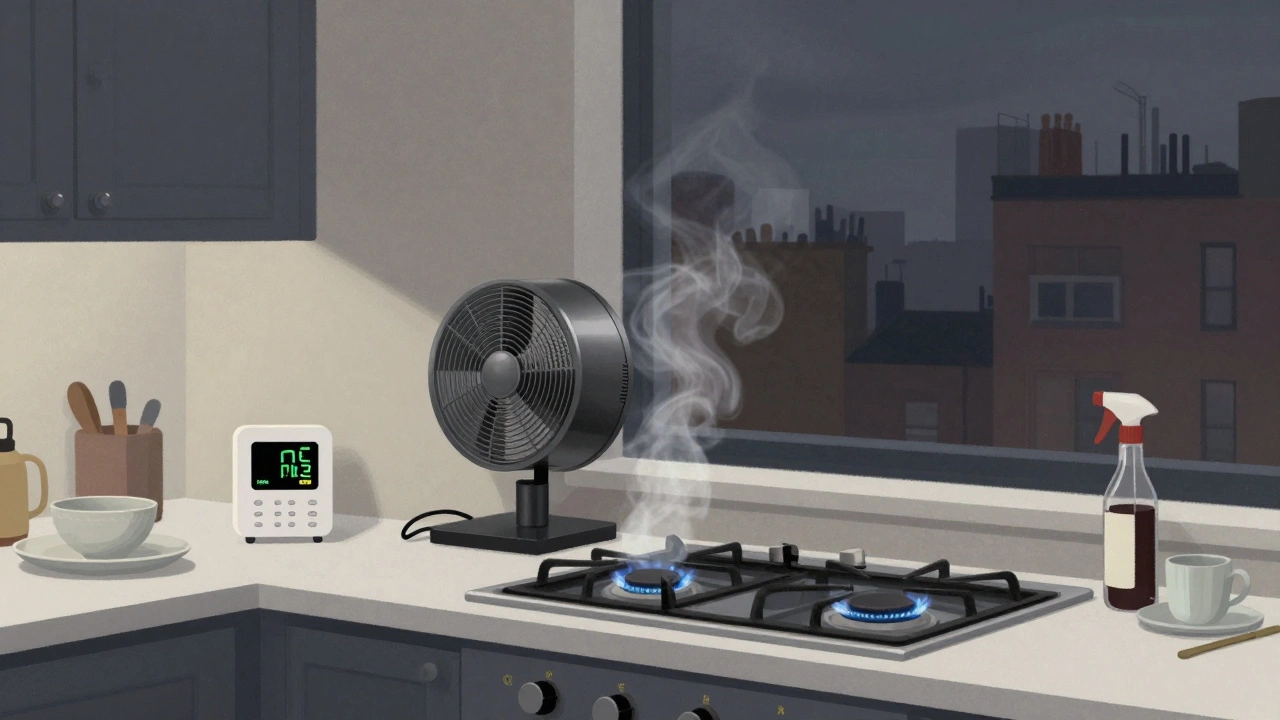 A kitchen with a vented exhaust fan removing gas stove emissions, an air monitor showing clean indoor air.