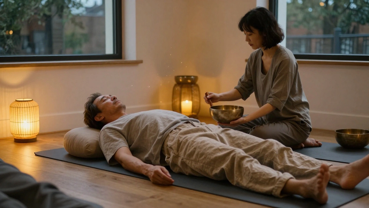 A man resting in a restorative yoga pose surrounded by blankets, with soft golden light.