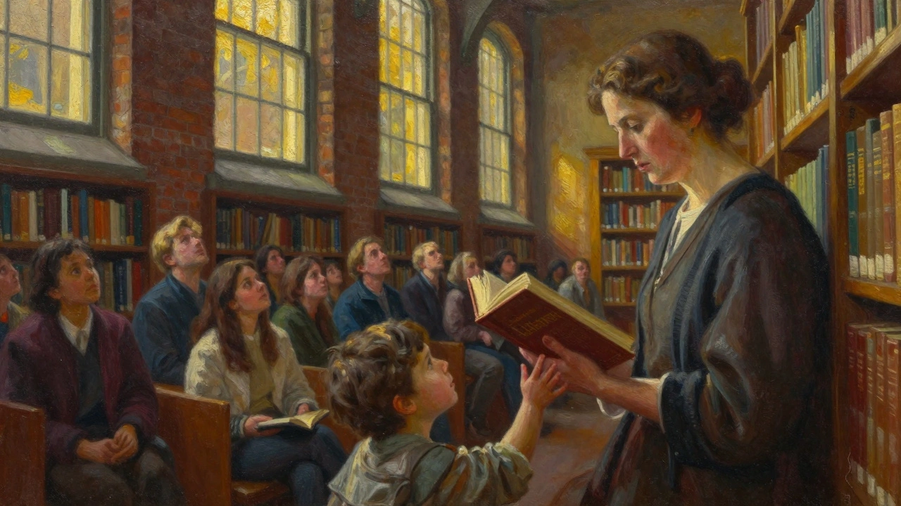 A mural of a librarian and a child reaching for a book on the wall of Peckham Library, bathed in warm golden light.
