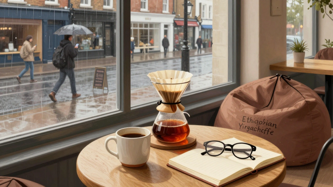A peaceful weekend café with a Chemex dripping slowly in warm sunlight.