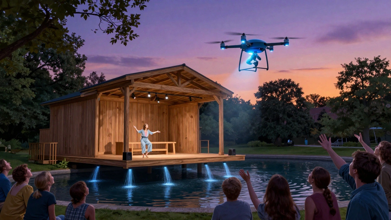 A performer on a glowing drone flies above spectators during a magical production of The Tempest at Regent’s Park.