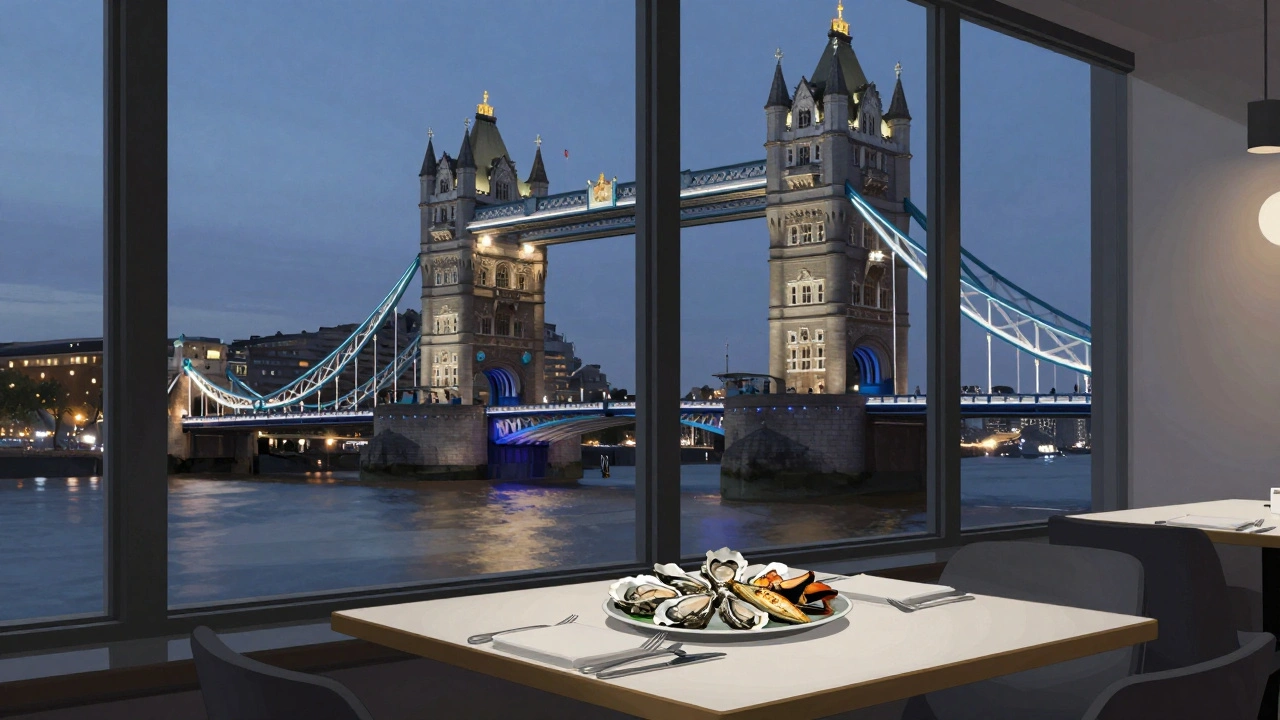 A seafood meal at Shoal with Tower Bridge lifting in the window, lights reflecting on the dark river.