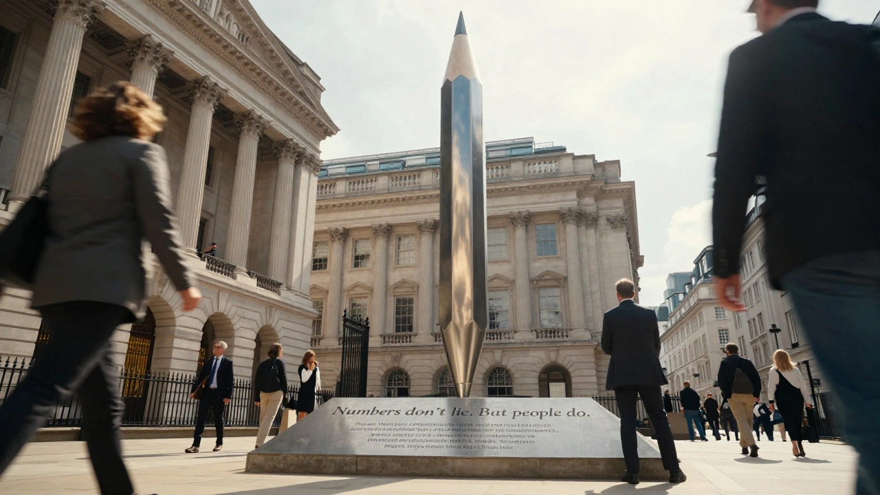 A towering steel pencil sculpture outside the London Stock Exchange, its tip pointing upward, engraved with quotes about power and truth.