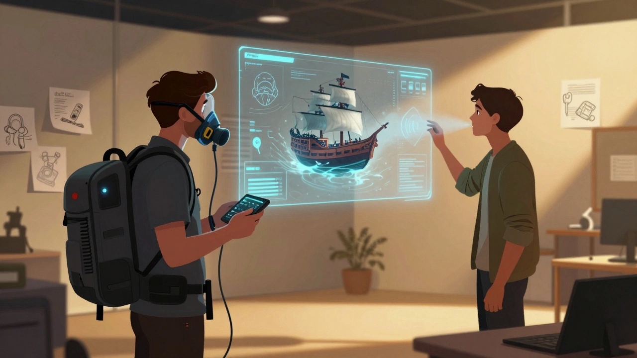 A visitor uses a custom breathing mask to control a holographic pirate ship in a quiet indie game demo booth.