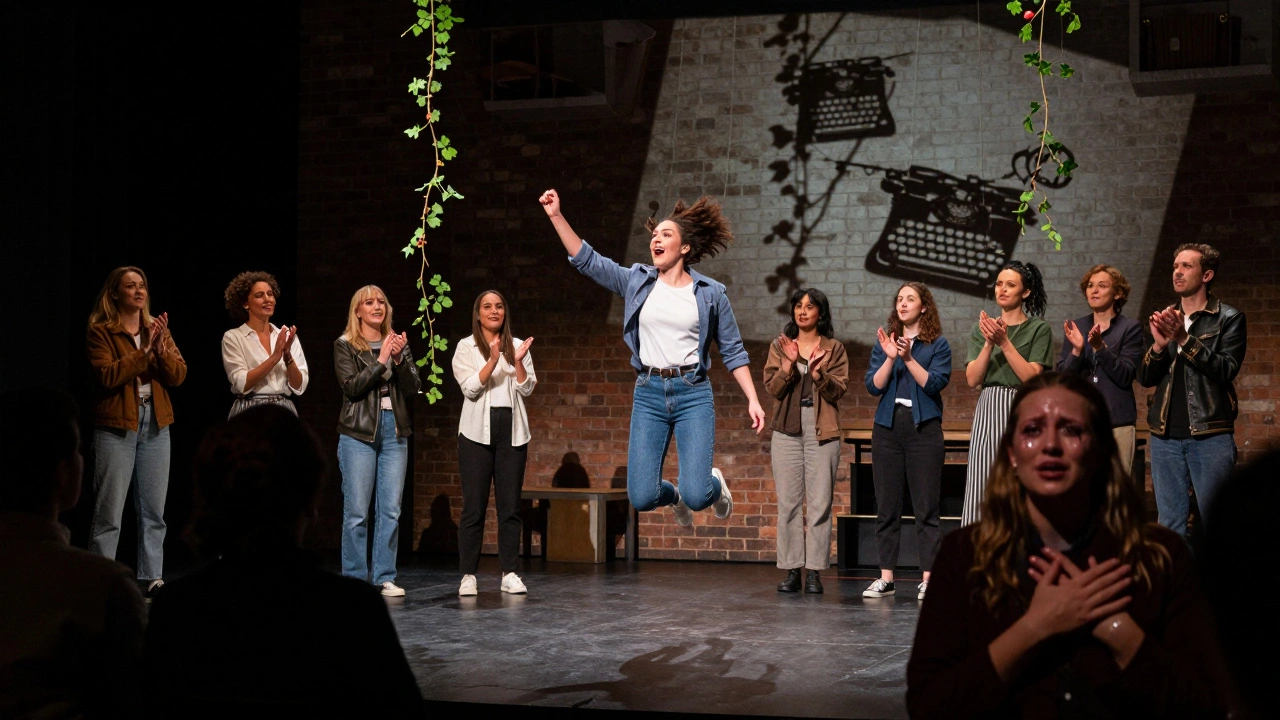 All-female cast in modern attire performing As You Like It with hanging vines and typewriter projections.