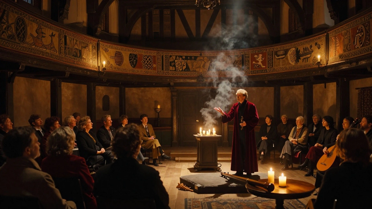 Candlelit Jacobean theatre with an actor delivering a soliloquy under warm, flickering light.