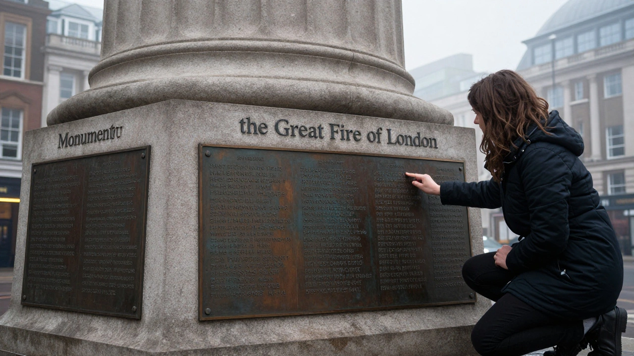 Close-up of bronze plaques at the base of the Monument to the Great Fire of London, listing destroyed streets like Pudding Lane.
