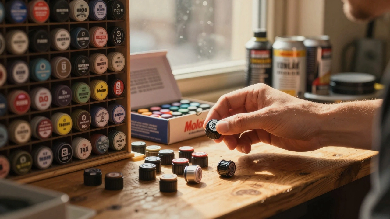 Close-up of hands selecting a single spray cap from a wall of over 80 types in a Camden shop.