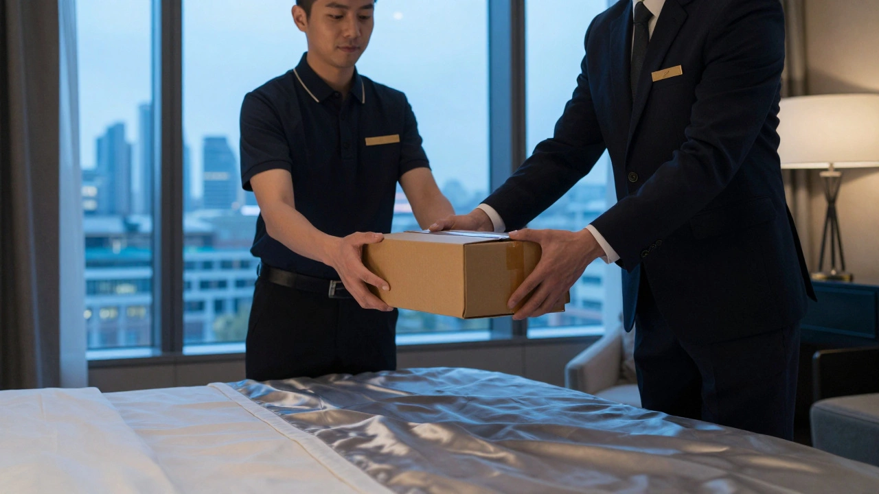Courier delivering shopping items to luxury hotel room