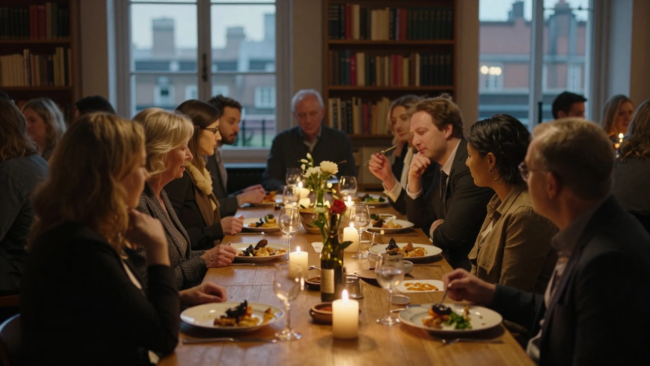 Diverse group of startup founders sharing honest conversations at a monthly dinner.
