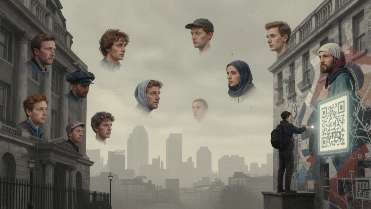 Faint translucent portraits of everyday Londoners floating from buildings, connected by paint threads to one central mural under a glowing QR code.