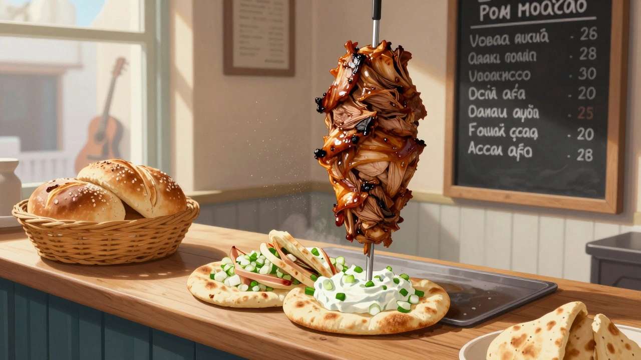 Freshly carved gyro on pita with tzatziki and tsoureki bread in a cozy Brixton Greek eatery.