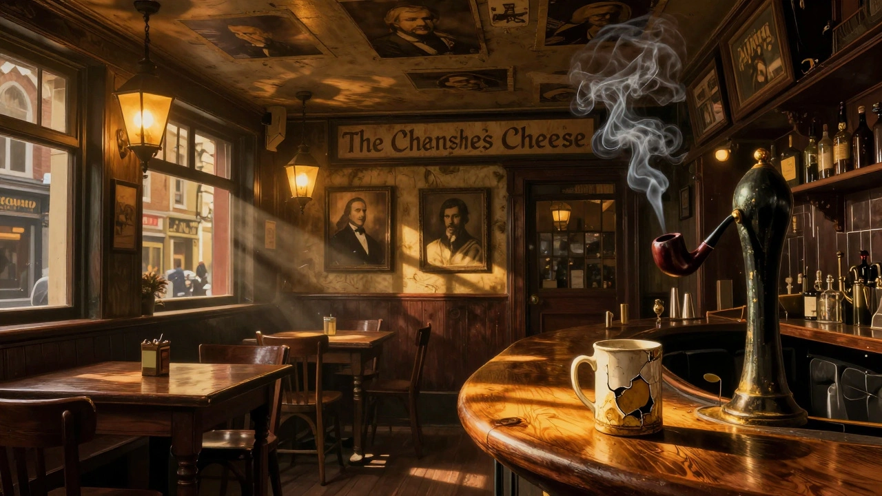 Interior of The Cheshire Cheese at dusk, lantern light glowing on walnut bar and aged portraits in shadowy nooks.