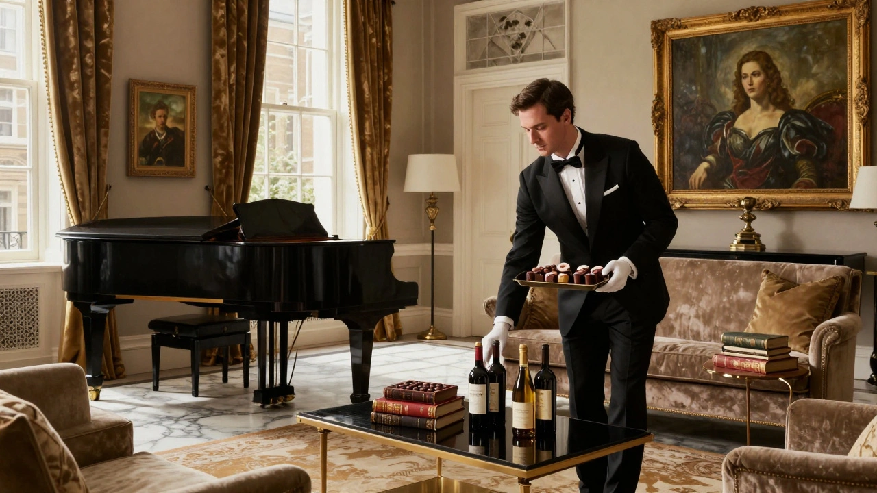 Opulent Mayfair penthouse interior with grand piano, butler, and Georgian elegance.