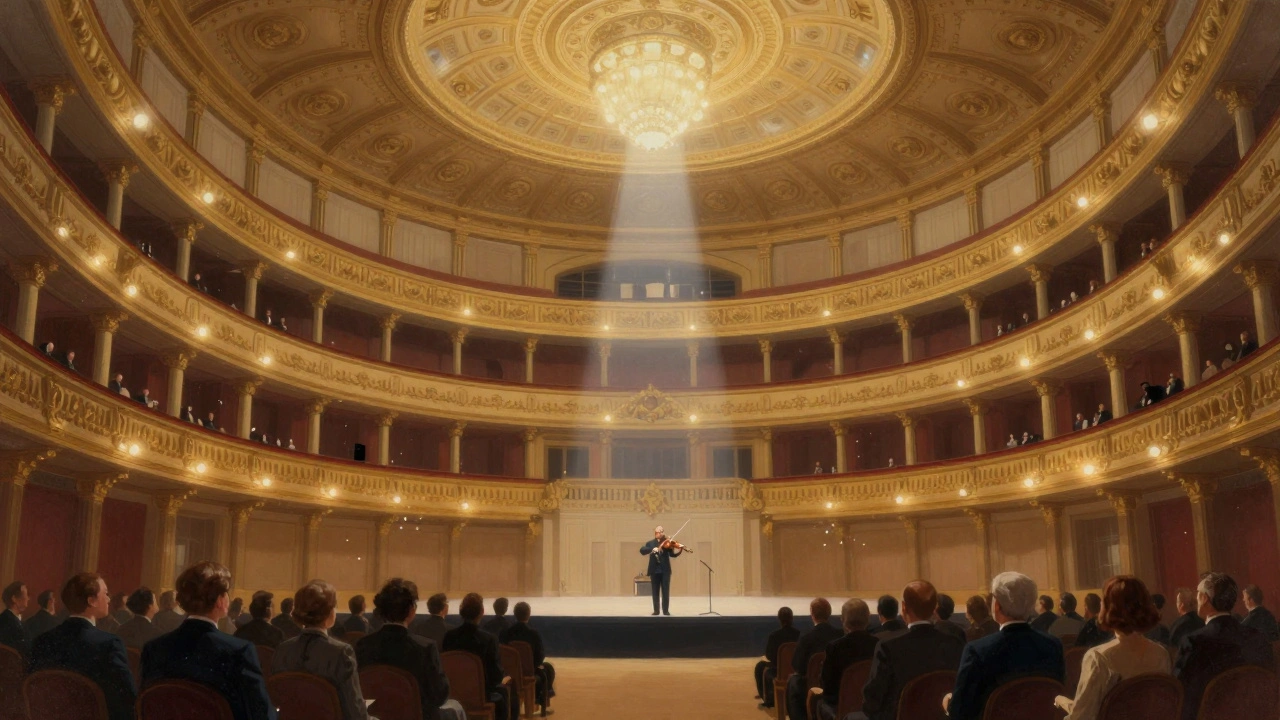 Orchestra performing under the golden dome of Royal Albert Hall, audience in silent awe.