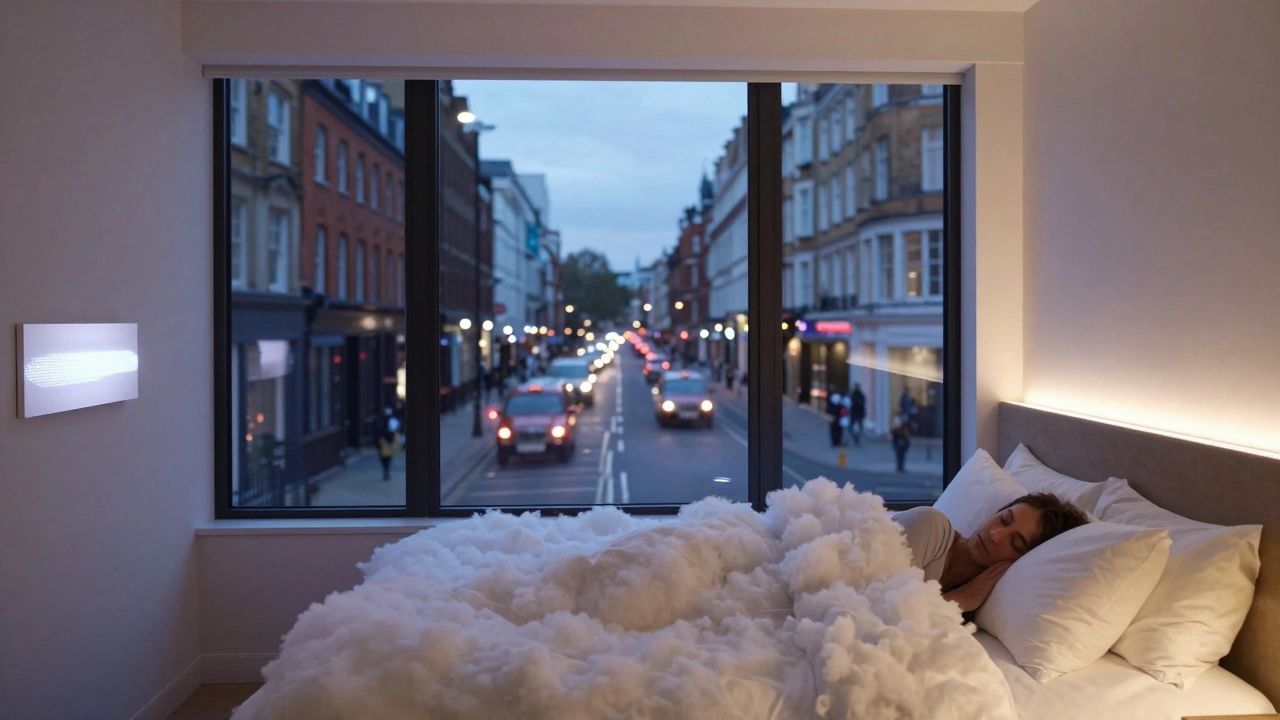 Peaceful hotel room with smart lighting and triple-glazed windows, guest sleeping soundly as city lights blur outside.