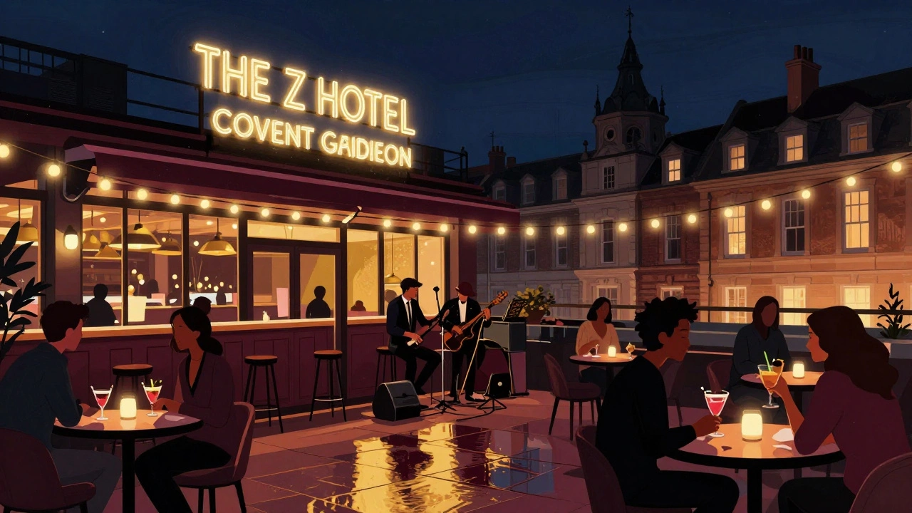 Rooftop bar at night with live jazz, neon signs, and Covent Garden architecture in the background.