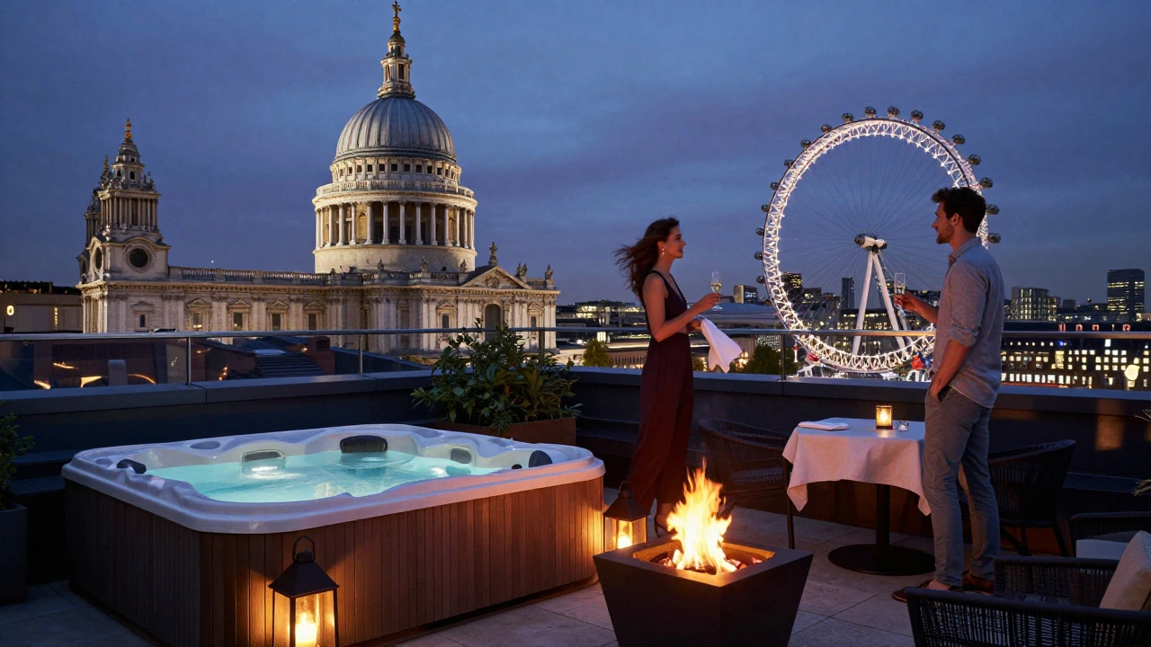 Rooftop garden at dusk with hot tub, fire pit, and panoramic London skyline views.