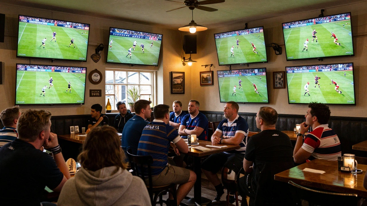 Rugby fans watching a match at The White Horse pub with multiple screens.