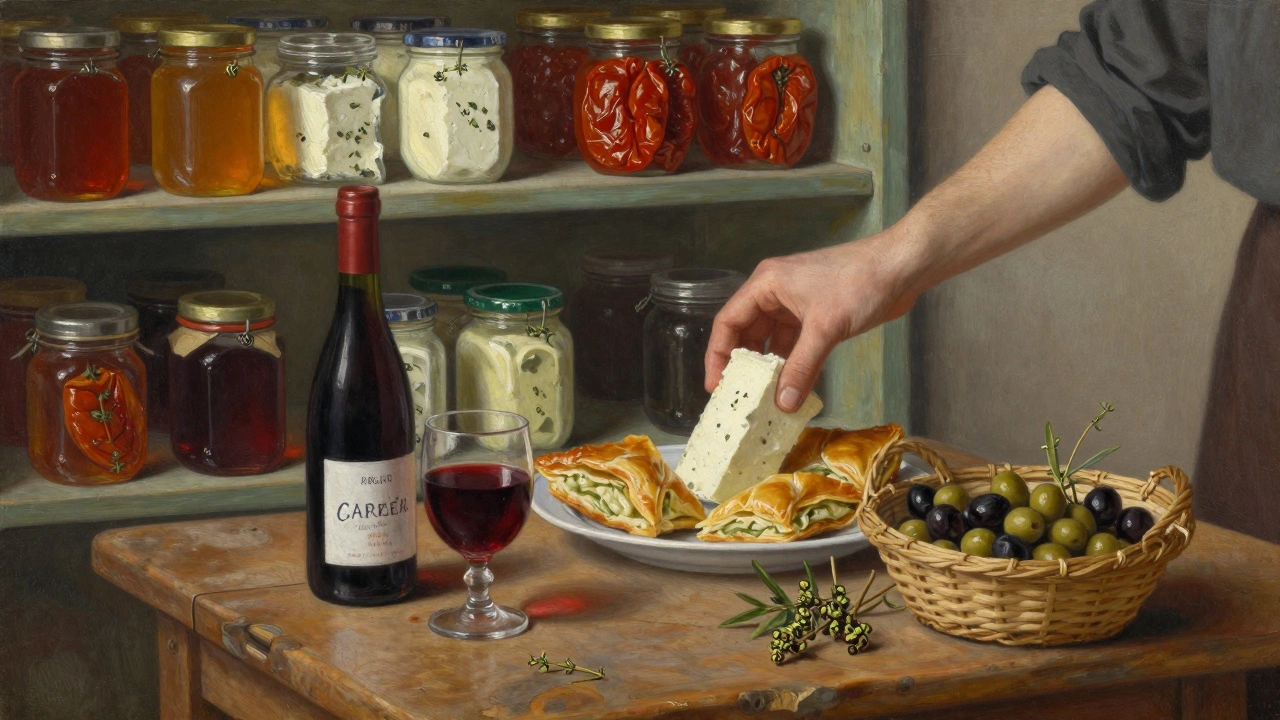 Shelves of imported Greek ingredients with spanakopita and homemade wine at a London deli-restaurant.