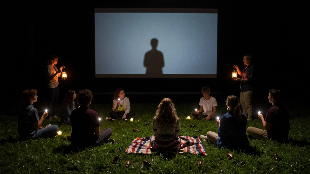 Silent theatre performance in Hyde Park, actors illuminated by lanterns as strangers share a blanket under the stars.