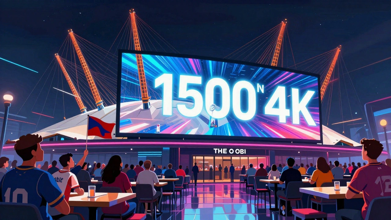 Super Bowl crowd at O2 Arena pub with giant screen showing game action.