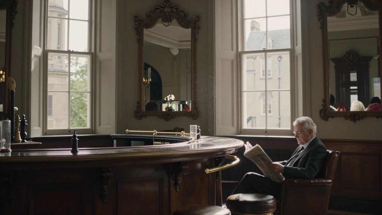 The Salisbury's interior bathed in daylight, curved mahogany bar reflecting soft light through tall windows.