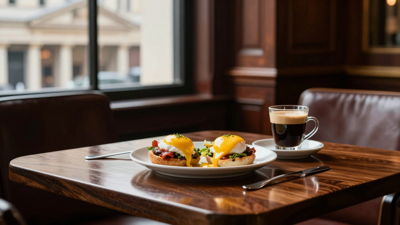 Upscale eggs Benedict with espresso at Hawksmoor restaurant