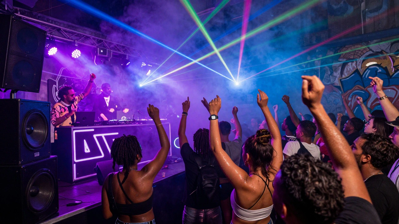 Vibrant concert at Electric Brixton with lasers, dancing crowd, and pulsing neon lights.