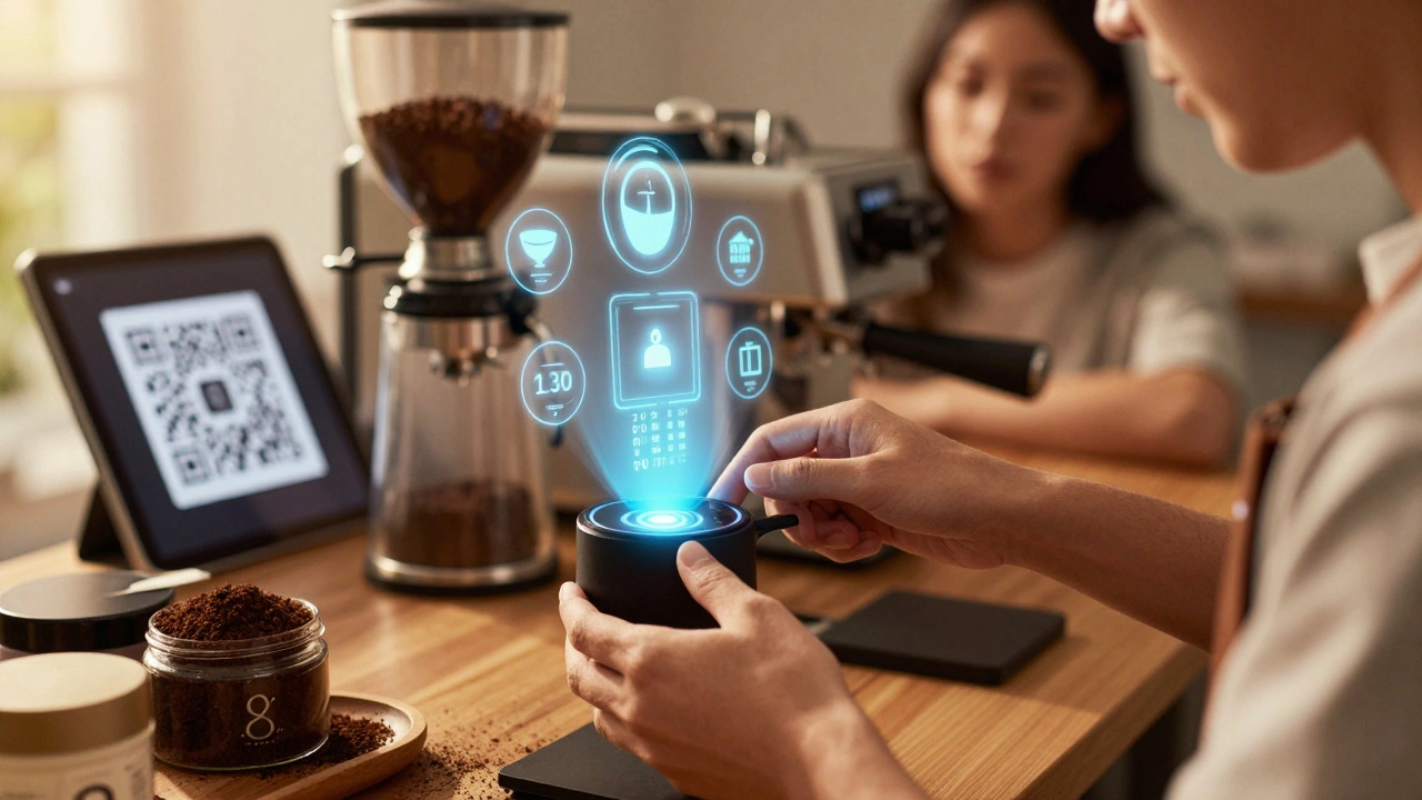 A barista adjusting a smart coffee brewer with holographic settings, beside jars of recycled coffee grounds turned into skincare.