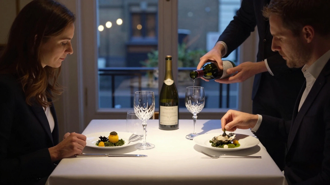 A couple savoring a multi-course tasting menu at The Ledbury with elegant table settings.