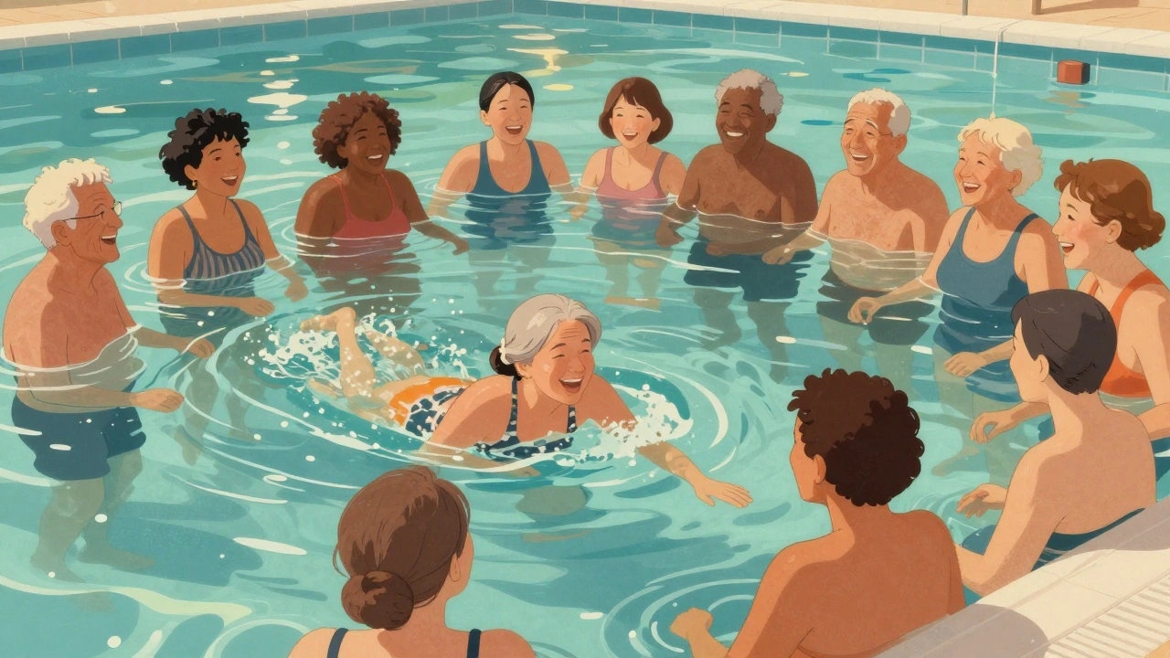 A group of older Londoners laugh and swim together in a community pool.
